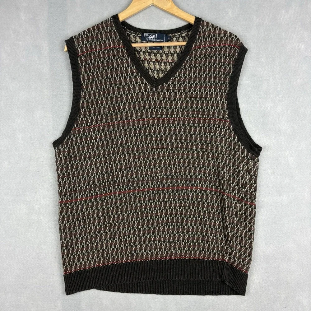 Polo Ralph Lauren Sweater Vest Mens XL Brown Linen Nordic Birdseye Pattern Knit